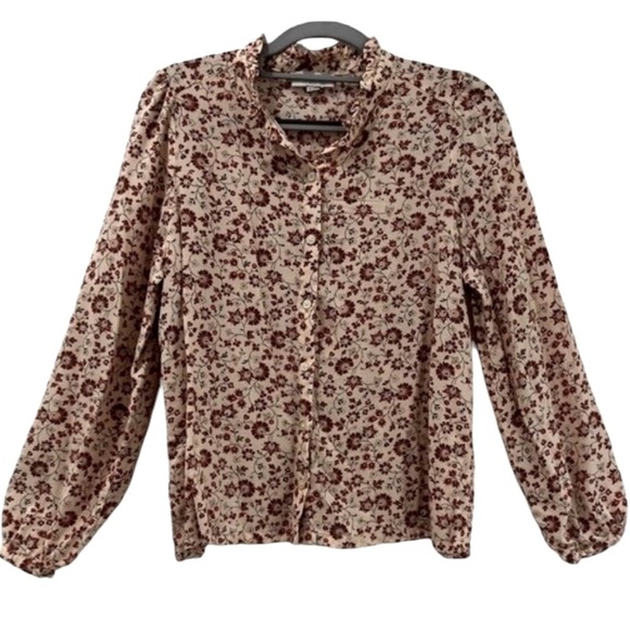 LOFT Outlet Blouse Sz PS Peach Floral Ruffle Neck Button Front Long Sleeves - Picture 1 of 11
